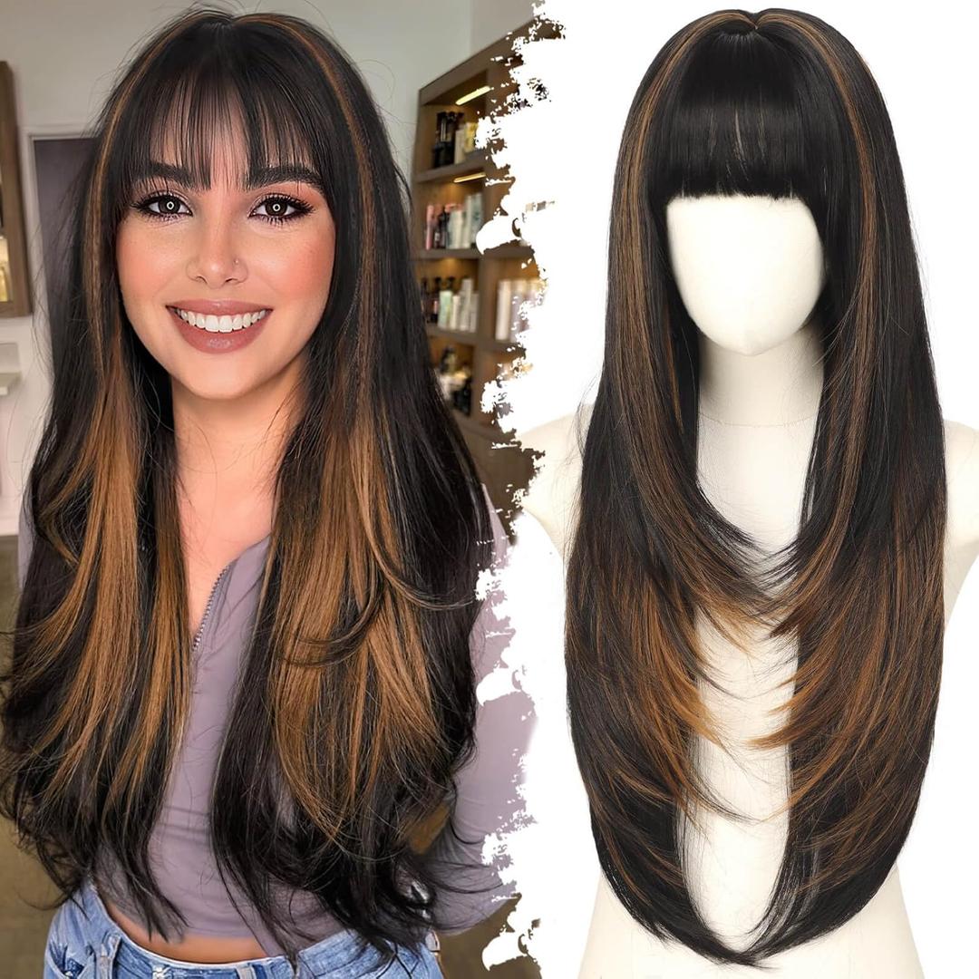 Eawwii Long Black with Brown Highlights Wig with Bangs for Women,4x4 Realistic Scalp,Free Parting,Layered Hairstyle Synthetic Heat Resistant for Daily Party Use 26 inch