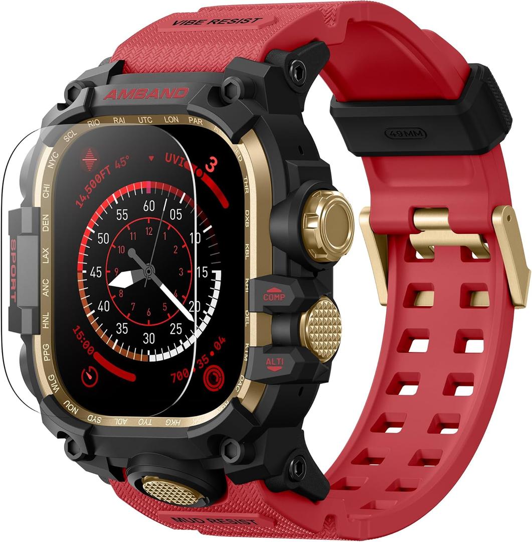 amBand Rugged Case with Band for Apple Watch Ultra 3/2/1 49mm, M3 Military Grade Shockproof Cover, Includes Screen Protector Kit, Tactical Band for Men - Compatible with iWatch Ultra, Red