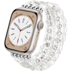 VISOOM Beaded Boho Bracelet For Apple Watch 10 Se(2nd Gen) Bands Women 42mm 41mm 40mm 38mm, Pearl Wrap For Cute Stretchy Fancy Apple iWatch iPhone Series 10 Se 9 8 7 6 5 4 3 2 1 Watch Straps Band (Silver White)