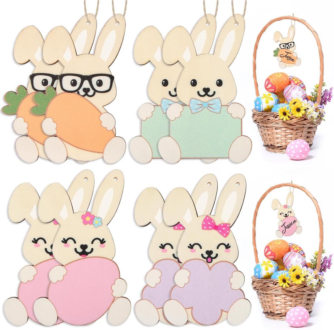 8 Pieces Easter Basket Tags, Color Bunny Shape Wooden Design Easter Basket Name Tags, Personalized Easter Tags with Twine, Easter Gift Tags for Home Room Decoration Hanging Ornaments (Colorful Bunny)