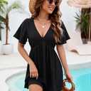 BMJL Women's Swimsuit Coverup V Neck Beach Cover ups Short Sleeve Flowy Bathing Suit Cover up(Black,M) (Black, M)