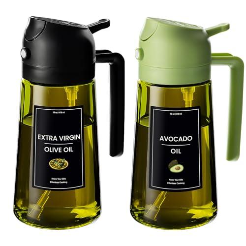 CXINYI - 16oz/470ml Olive Oil Dispenser for Kitchen with Stickers - 2 in 1 Olive Oil Sprayer for Cooking, Air Fryer, and Salad, Black&Green (Light-Proof Kitchen Gadget)