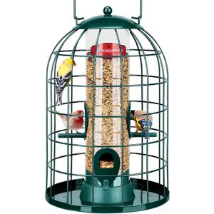 Kingsyard Caged Bird Feeder for Outdoor Hanging - Upgraded Metal Bird Feeder for Small Birds, Detachable Tube Feeder with 4 Feeding Ports & Perches, Easy to Clean & Refill, Green