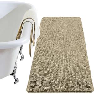 LOCHAS Luxury Bathroom Rug Shaggy Bath Mat 24 x 60 Inch, Washable Non Slip Bath Rugs for Bathroom Shower, Soft Plush Chenille Absorbent Carpets Mats, Beige