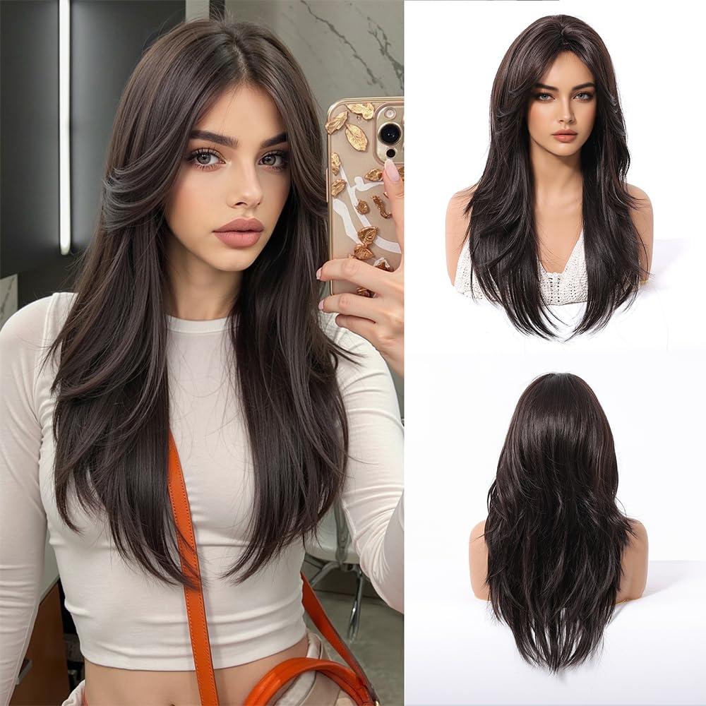 Long Layered Wig for Women Dark Brown  Natural Synthetic Straight Hair with Middle Part, Heat Resistant Soft Daily Wear Fashion Cosplay Party Wigs (Style 3)