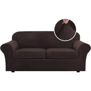 H.VERSAILTEX Real Velvet Plush 3 Piece Stretch Sofa Covers Couch Covers for 2 Cushion Couch Sofa Slipcovers Width Up to 90 Inch Feature Thick Soft Stay in Place (Large Sofa, Brown)