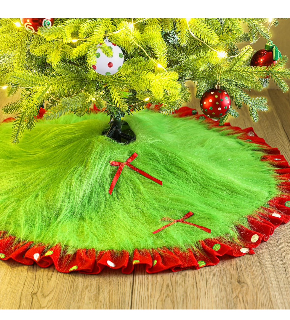 Red and Green Christmas Tree Skirt Furry Plush Lime Green Christmas Tree Skirts Whimsical Xmas Decorations Holiday Glittering Dot Mat Faux Round Carpet for Home Xmas Party Decor(36 Inch)