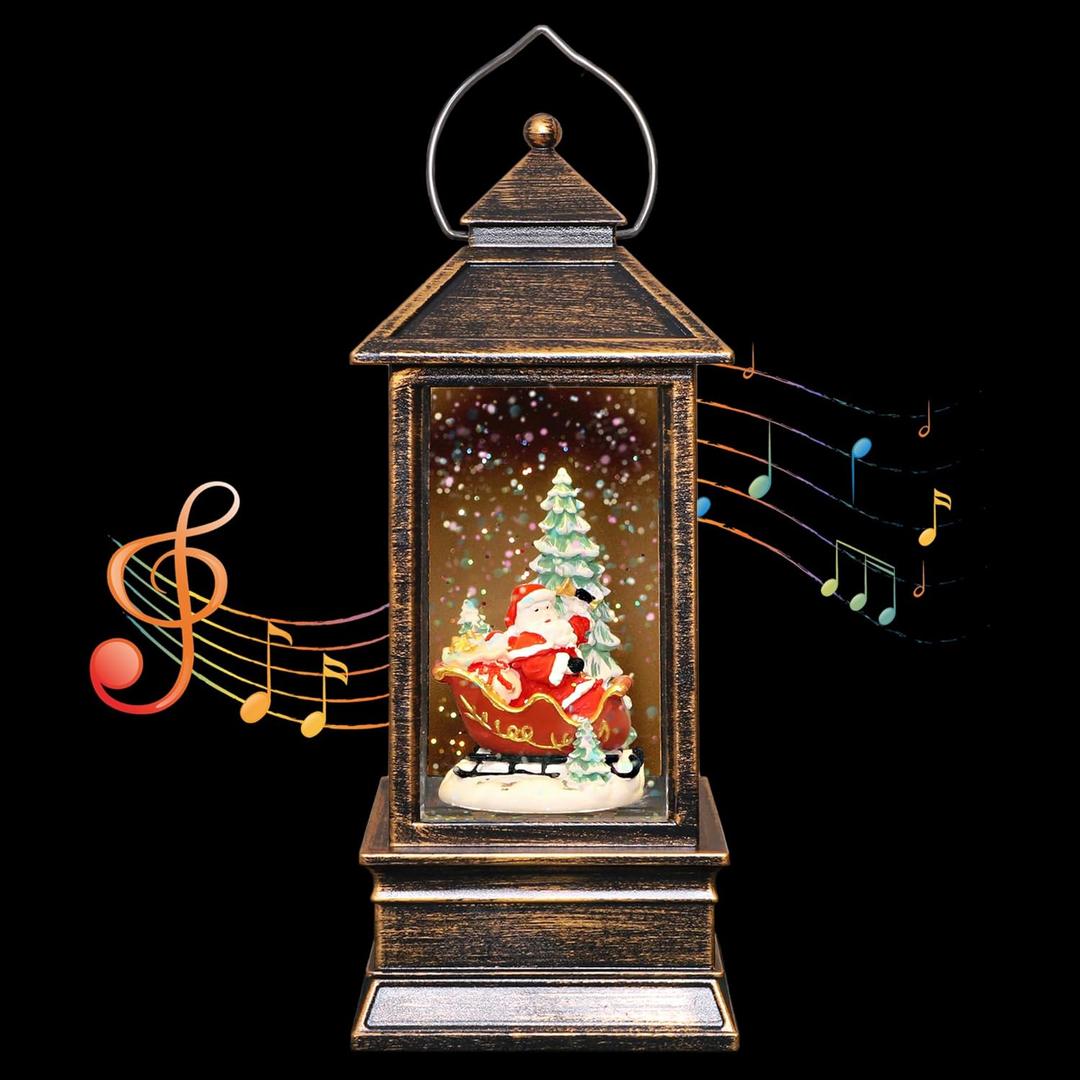 Christmas Snow Globe Water Lantern Musical Glitter Santa Claus Christmas Tree Decor, USB or Battery Operated Christmas Lantern for Thanksgiving 10.7" x 3.7" x 3.7"