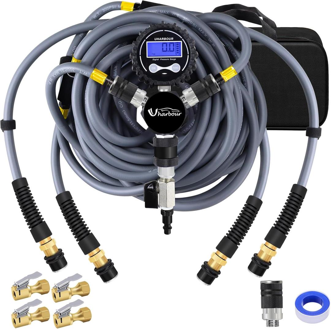4 Tire Inflation Deflation System, 4 Tire Air Up Down System, 4 Tire Pressure Equalizer, Inflate or Deflate All 4 Tires at Once, Flexible Air Hose Fits Up to 155" Wheelbase.