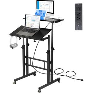 Hadulcet Mobile Standing Desk with Charging Station, Adjustable Standing Computer Desk, Standing Adjustable Laptop Cart with Wheels for Home Office Classroom Black (Upgrade)