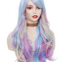 Rugelyss Rainbow Colorful Wigs for Women 26 Inches Long Wavy Fashion Synthetic Full Head Hair Wig with Bangs for Cosplay or Party