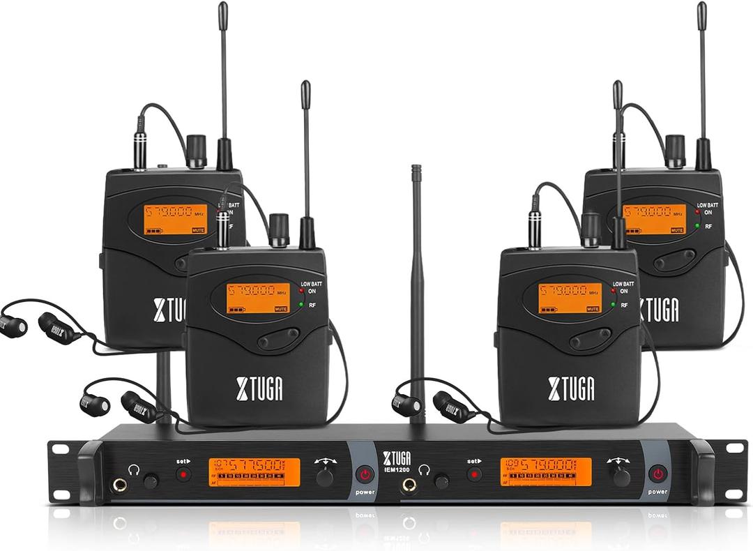 XTUGA IEM1200 Wireless in Ear Monitor Dual Channel 4 Bodypacks Ear Monitors Musicians, 2 x 40 Frequencies, Rack Mount, 300Ft Range, UHF Wireless IEM Used for Church, Band and Studio