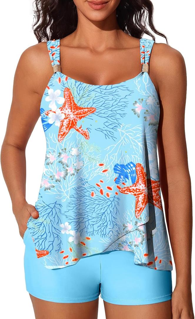 Summer Mae Womens Tankini Swimsuits Ruffle Bathing Suits 2025 Swimming Suits Tummy Control High Waisted Shorts, Size 16
