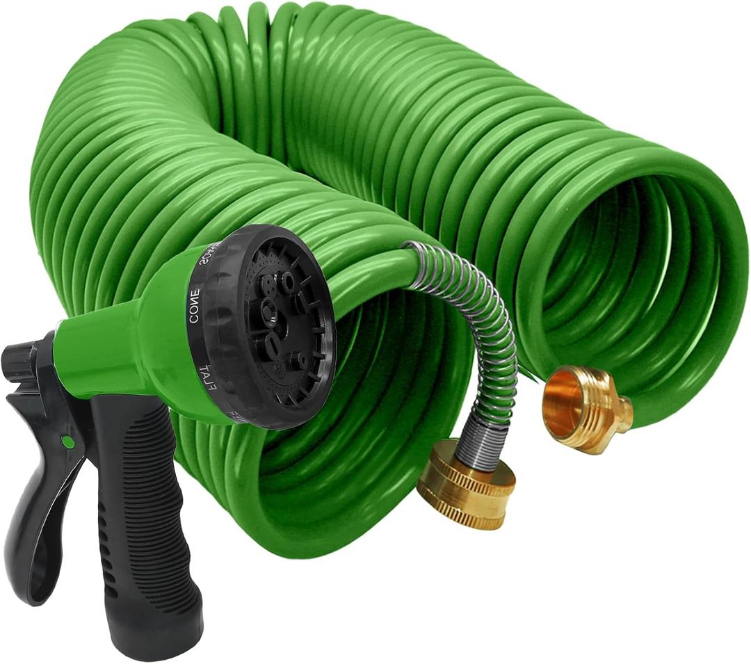 50ft Garden Hose, EVA Curly Water Retractable Hose Brass Connectors, Includes 8-Pattern Function Sprayer, Corrosion Resistant Coil for Gardening Homeowners (Green)