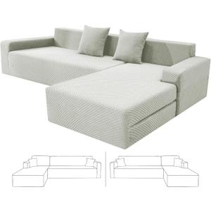 ZNSAYOTX Sectional Couch Covers, Stretch Jacquard Slipcovers with Elastic Bottom for L-Shape Sectional Sofa, 2 Pcs Pet Friendly Modular Sofa Protector (3 Seat Couch + 2 Seat Chaise, Ivory)