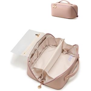 EACHY Travel Makeup Bag, 2.0 Cosmetic Bag for Women, Waterproof PU Leather,Flat Open Portable Toiletry Bag for Skincare, Brushes & Travel Essentials