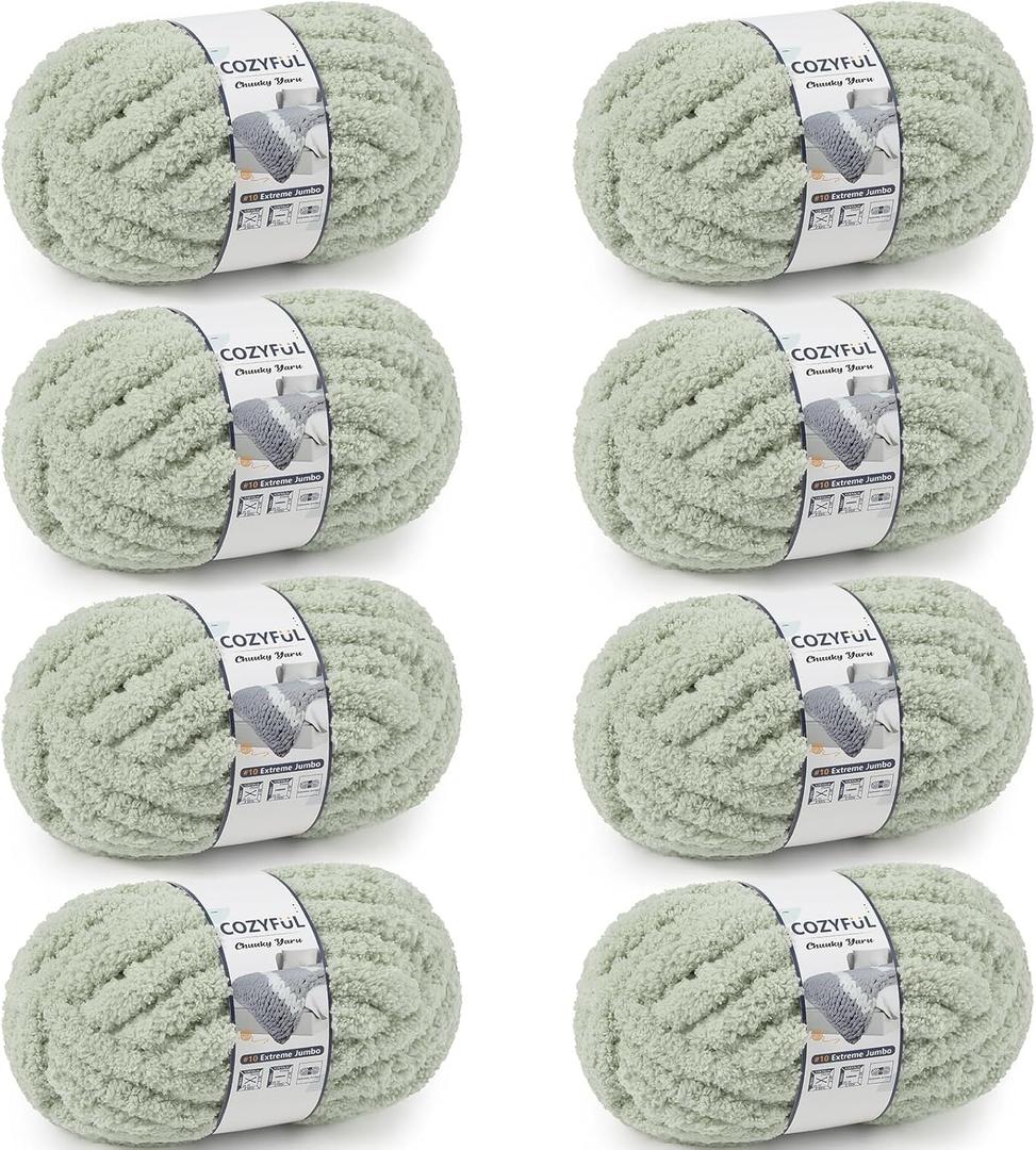 Cozyful Chunky Yarn for Hand Knitting - #10 Chunky Chenille Yarn, Jumbo Big Thick Chunky Yarns for Crocheting, Super Bulky Chunky Knit Blanket Yarns, 8 Skein (25 yds 8 oz Each Skein), Sage Green