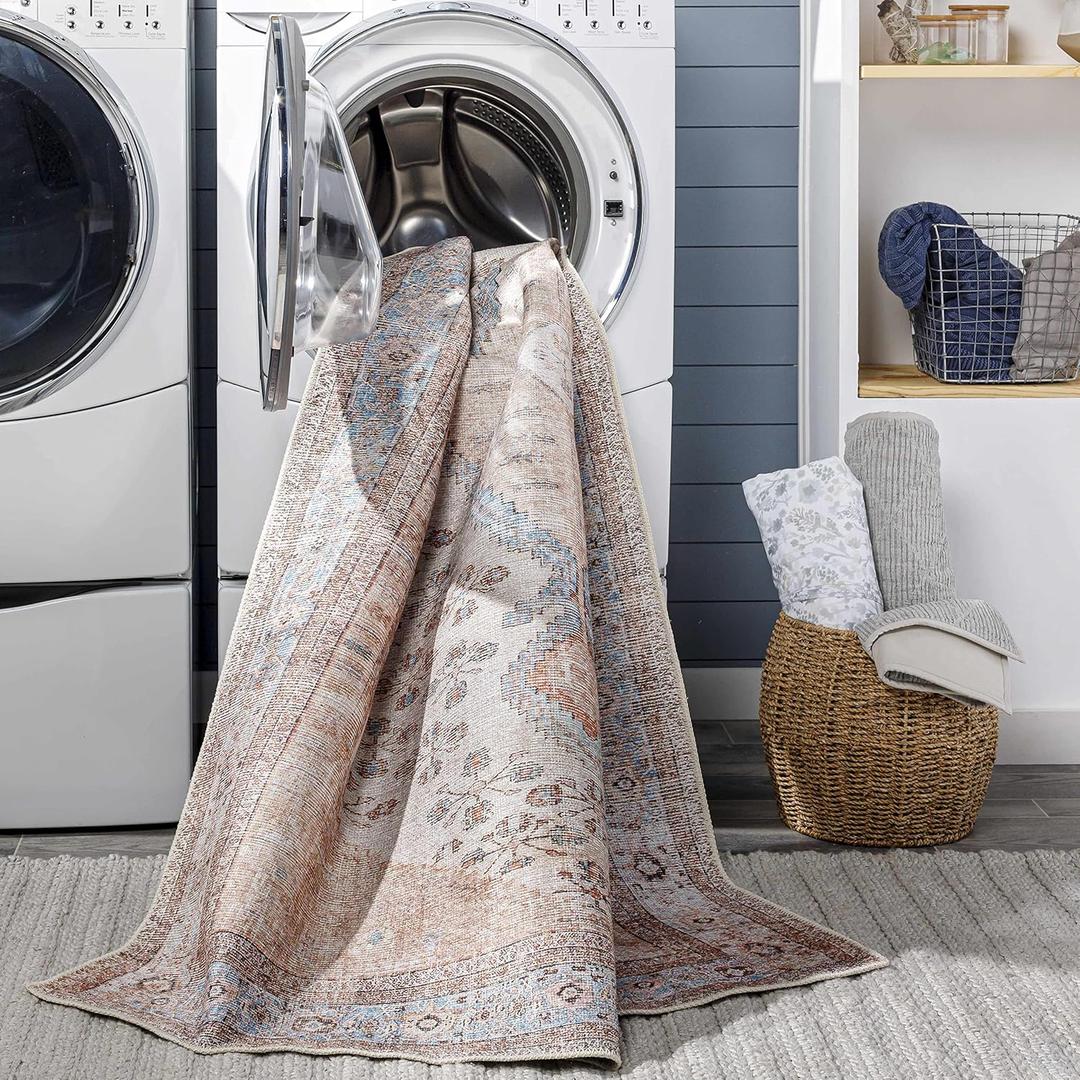 BoutiqueRugs Moora Traditional Medallion Area Rug - Machine Washable - Aqua, Black, Blush - 18" x 18" Sample