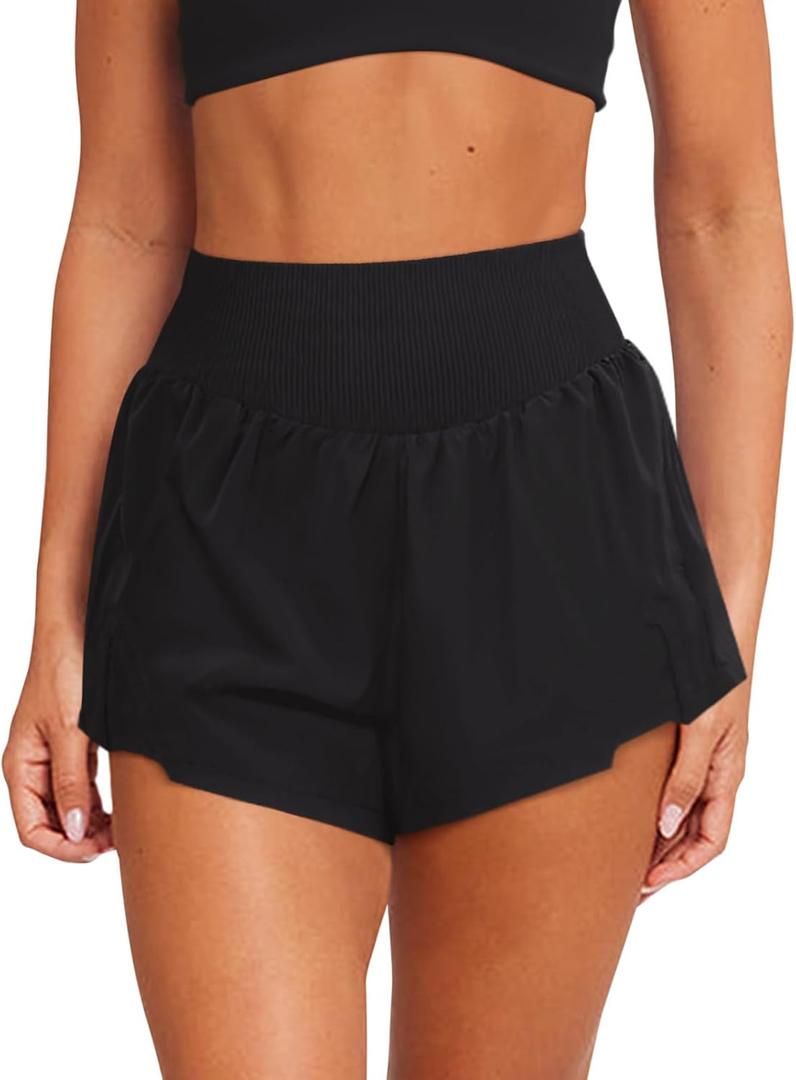 LASLULU Womens Ribbed High Waisted Gym Shorts Running Shorts Zip Pocket (Black, M)