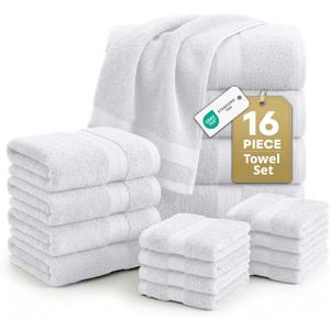 LANE LINEN 100% Cotton Bath Towel Set - 16 Pieces - Super Soft, Highly Absorbent & Quick Dry - 4 Bath, 8 Washcloths, 4 Hand Towels for Bathroom - Hotel Quality, Ideal for Spa, Gym & Travel - White