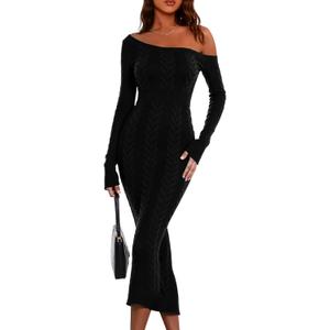 Simplee Women's Fall Long Sleeve Bodycon Sweater Dress 2025 Cable Knit One Off Shoulder Slit Ribbed Club Party Midi Dresses (Small, Black)