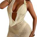 SOLY HUX Women's 3 Piece Swimsuit Halter Triangle Bikini Sets Beach Bathing Suit with Crochet Knit Dress (Beige, L)