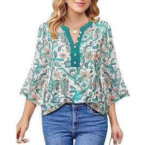 VALOLIA Womens Tops Dressy Casual: Work Tops for Women - 3/4 Sleeve Tunic Tops for Women - Flowy Blouses for Womens Green Floral Medium