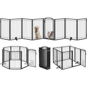 Metal Free Standing Dog Gate with Cat Door for Indoor/Outdoor,160" Extra Wide Foldable Pet Gate,32" Tall Foldable Indoor Dog Fence for Large Openings Stairs,Deck,Yard,Doorways(8 Panels,Black)