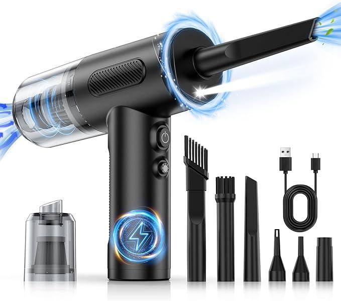 Compressed Air Duster, 100000RPM Handheld Car Vacuum/Air Blower& Pump, 3 Gear Adjustable Electric Air Duster/Car Vacuum Cleaner, Keyboard Duster with LED Light-10 Kits Air Blower for Computer (Black)