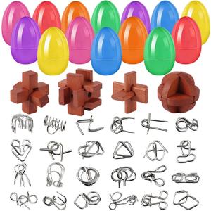 28 Pack Easter Eggs with Brain Teaser Puzzles Easter Basket Stuffers for Adults Teens Metal Puzzles Game Toys Wooden Unlock Interlocking Puzzle IQ Education Toy for Party Favors