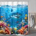 LGhtyro Shark Fish Kids Shower Curtain Bathroom Set 60Wx71H Inches Ocean Under Sea Life Themed Underwater Coral Marine Bath Accessories Animal Fun Toddler Cool Art Home Decor Fabric 12 Pack Hooks