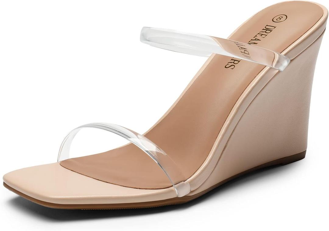 DREAM PAIRS Women's Slides Wedge Sandals Two Strap Square Open Toe Dress Shoes (9, Nude/Clear)