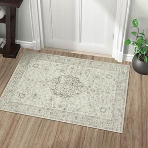 LIVEBOX Washable Rug 2x3 Kitchen Mats for Floor Entryway, Non Slip Front Door Mat for Bathroom Hallway, Boho Low-Pile Small Carpet Farmhouse Throw Indoor Rugs for Bath Sink, Taupe