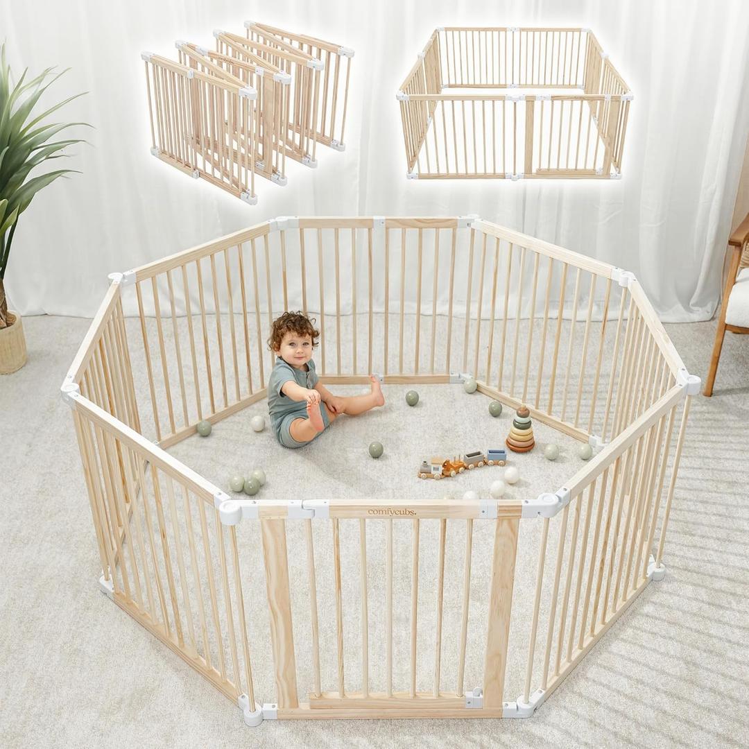 Comfy Cubs Baby Gate Playpen - 57 x 57 x 25 in, Extends Up to 228 - Pine Wood Foldable Playpen with Child-Proof Lock - Easy Assembly Baby Fence Play Area for Babies & Toddlers - Light Wood White