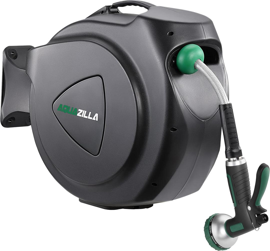 Retractable Garden Hose Reel, Durable Wall Mounted Water Hose Reel- Smooth Automatic Rewind, Lock Hose in Any Lenght, 180 Swival Bracket, 9 Pattern Sprayer (100FT +6FT 5/8")