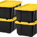 IRIS USA 27 Gallon Heavy Duty Truck Bed Toolbox Storage Tote Bins with Lids, 4 Pack - Made in USA, Tough Snap On Lid Stackable Industrial Rugged Tubs, Garage Organization, Reusable Box - Black/Yellow (27 Gal - 4 Pack)