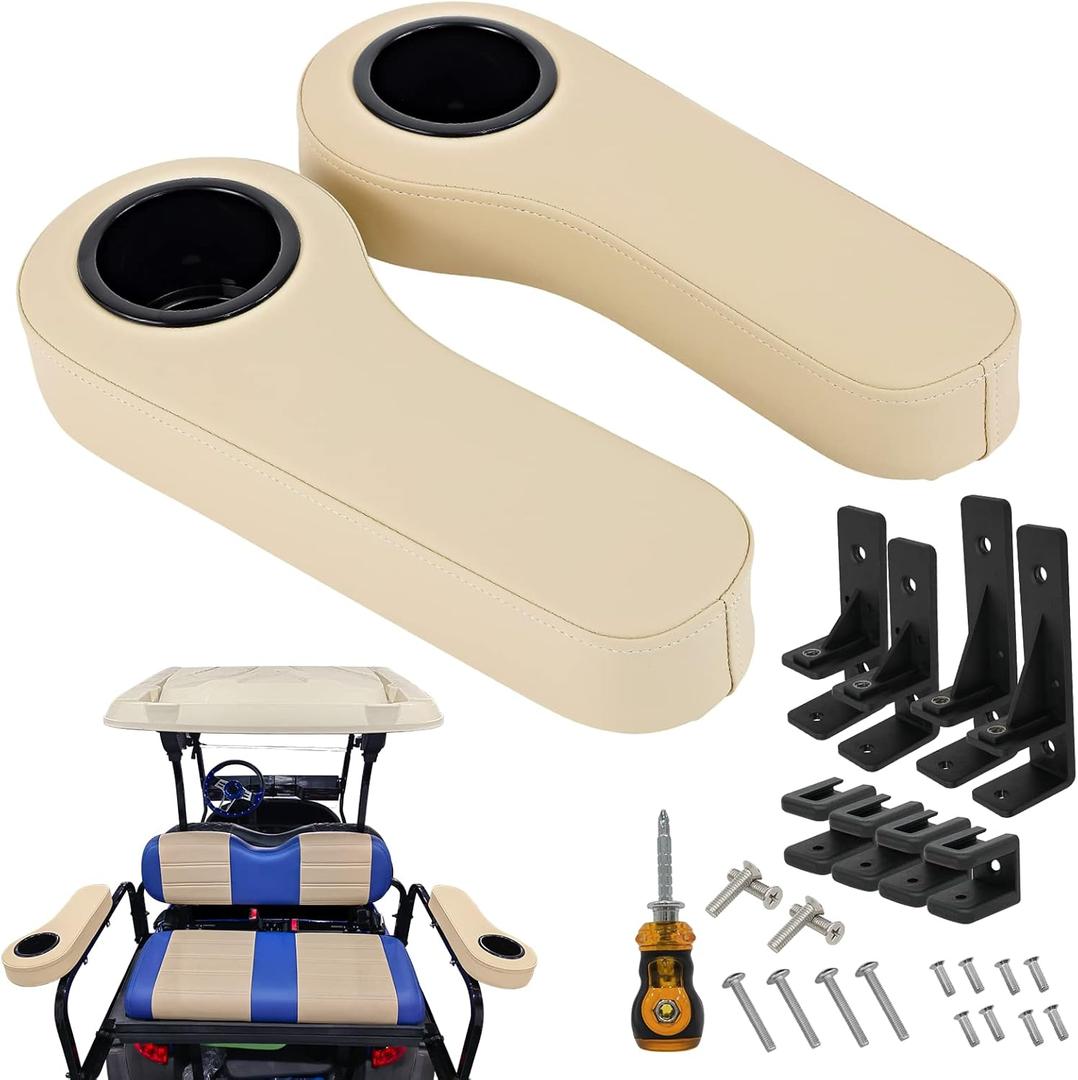 Golf Cart Armrest with Cup Holder for EZGO TXT Club Car DS Precedent and Yamaha Rear Seat Kit, Upgrade Support Frame/No Need Drilling Arm Rest (Beige)