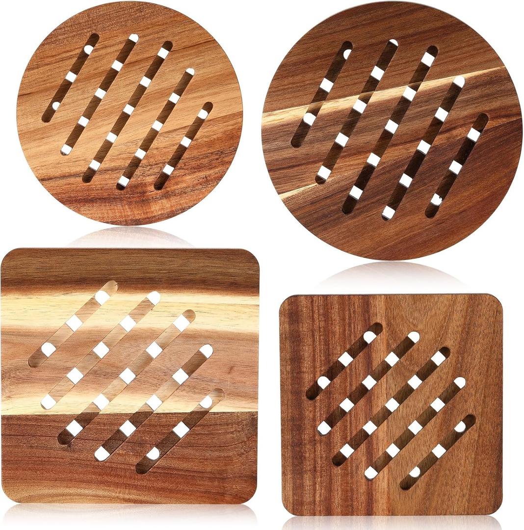 4 Pcs Acacia Trivet Mat Set 5.8inch 7inch Thicken Acacia Wood Hot Pads Trivets Heat Resistant Pads for Hot Dishes Pot Bowl Teapot, 2 Square 2 Round