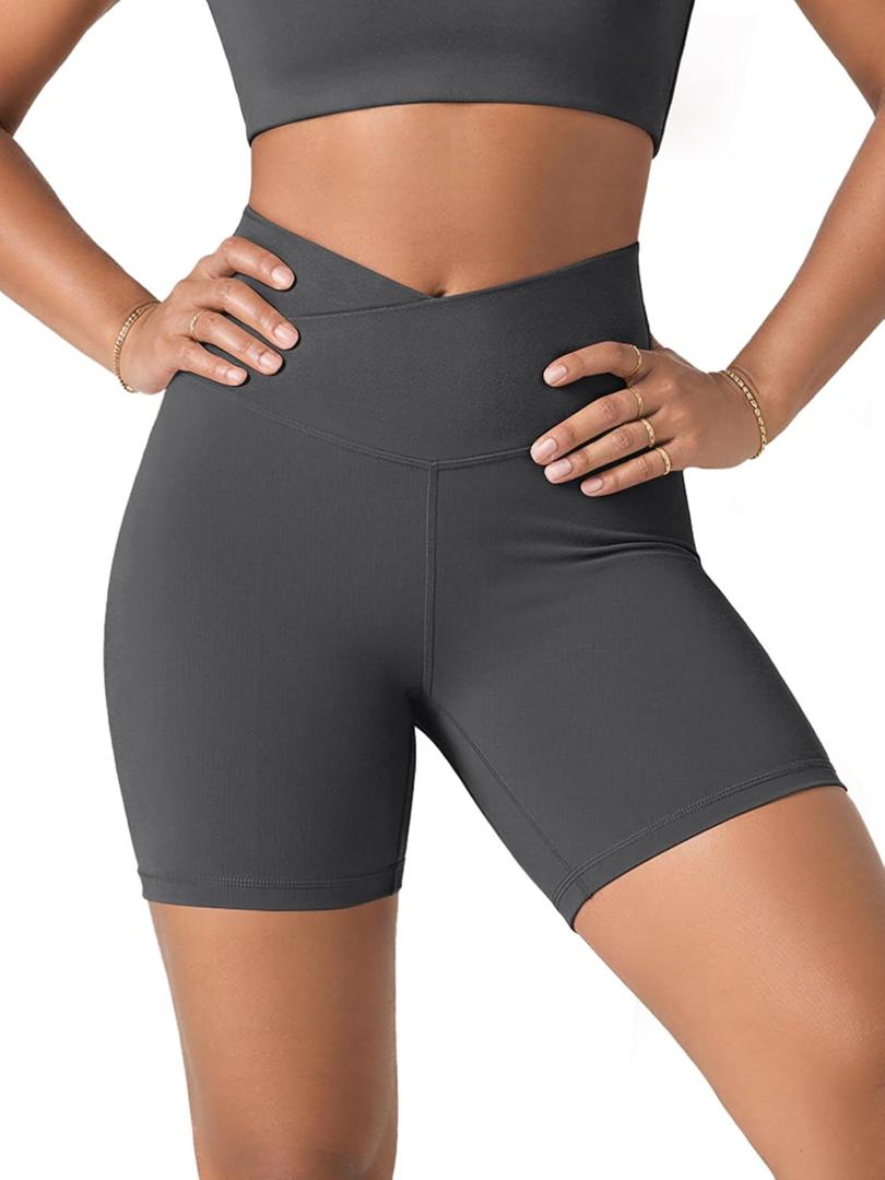 ODODOS Women's Crossover Yoga Shorts with Back Pocket, 6" Buttery Soft V High Waist Lounge Biker Shorts, Charcoal, X-Small 