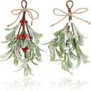Christmas Mistletoe Decor, 2 Pcs Artificial Mistletoe Ornament Mistletoe Hanging Decorations Glitter Christmas Tree Accessories Artificial Dry Leaf Hanging Decoration for Tree Door (Red+white)