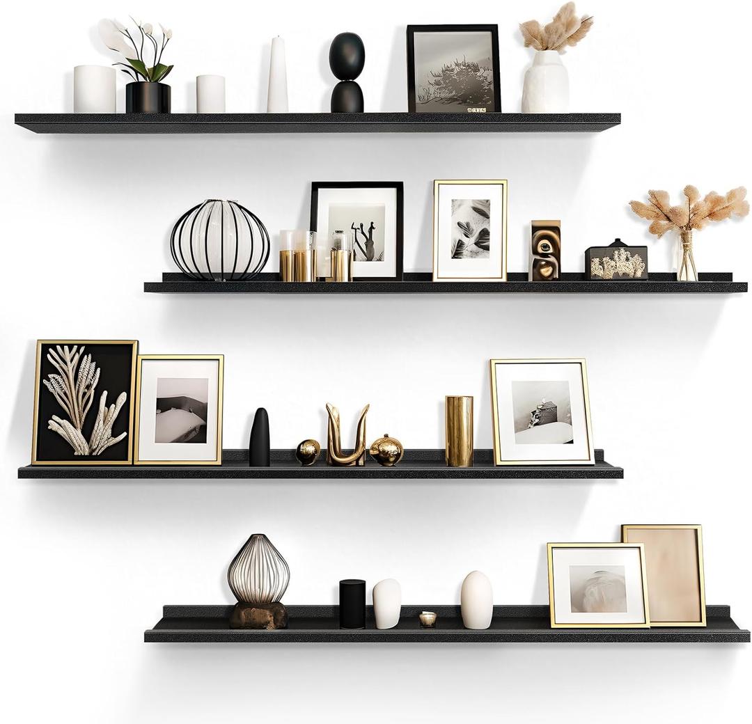 LaVie Home 47.2-Inch Black Floating Shelves for Wall Storage Set of 4 - Modern Minimalist Picture Ledge Shelf Wall Decor for Kitchen, Bedroom, Bathroom, and Living Room, Large Floating Shelves