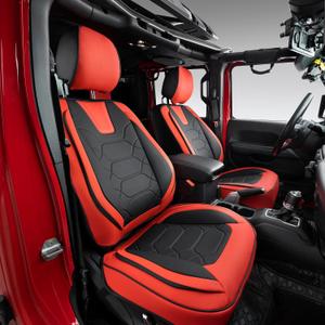 OASIS AUTO Custom Fit Seat Covers Compatible with Jeep Wrangler JL Unlimited (2018-2026) 4-Door, Waterproof Faux Leather, Fits Rubicon Sahara Sport (Black&Red)