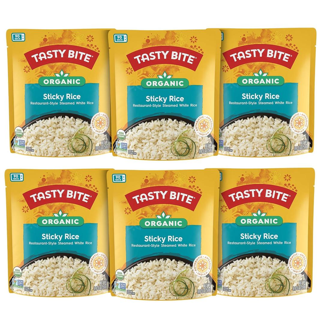 Tasty Bite Organic Sticky Rice, 8.8 Ounce, Pack of 6, Ready to Eat, Microwavable, Vegan, Gluten-Free (EXP 08/31/27)