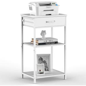 Printer Stand with Storage, Bedside Tables with Drawers, 3 Tier Printer Desk for Small Spaces, Office Side Table White, Small Table Stand for Home Office, Nightstand for Living Room, Bedroom