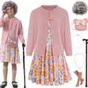 100 Days of School Old Lady Costume for Kids 100th Grandma Granny Dress up for Girls (Small(5-7yr), Pink)