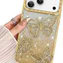 BITOBE Designed for iPhone 17 Pro Max Case 2025, Cute 3D Butterfly Slim Plating Glitter Bling Luxury Cover for Women Girls Protective Camera Protection Bumper 6.9" Gold