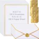 Gueevin 100 Pack White Stationery Set with Envelopes and Stickers Gold Border Letter Paper and Envelopes Set #10 Business Envelope 8.5x11 Paper Sheets and Stickers for Letter Writing Invitation