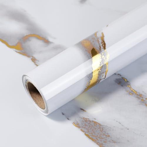 Yun-aeon Thick Marble Contact Paper for Countertops 15.7"x 78.7" - White and Gold Glossy Peel and Stick Wallpaper Self-Adhesive Removable Countertops for Kitchen Bathroom Cabinets, Set of 3