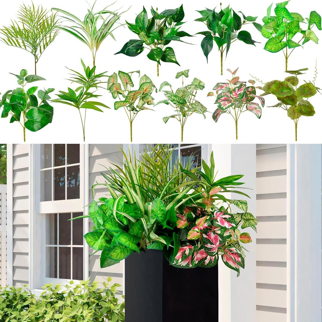 11 Bundles Artificial Plants Outdoor, Faux Greenery Stems UV Resistant Plastic Bushes Real Touch Fake Shrubs with Flexible Leaves for Garden Porch Patio Window Box Planter Fence Outdoor Decor