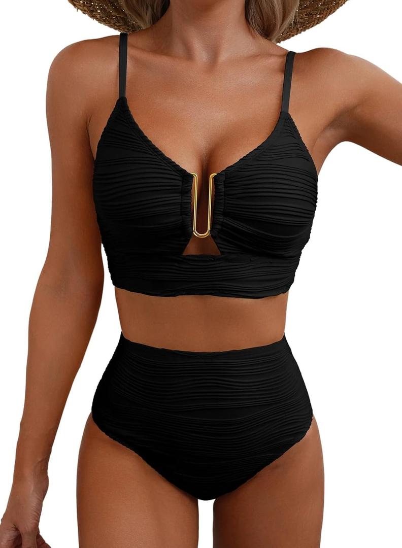 Herseas 2 Piece Bikini Set U-Wire Cutout Popular Swimsuit High Waisted Textured 2026 Summer Beach Swim Bathing Suits (Black,M )